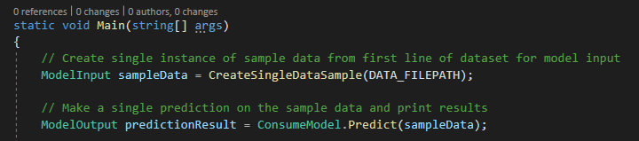 In ConsoleApp you can see the usage of ML Model